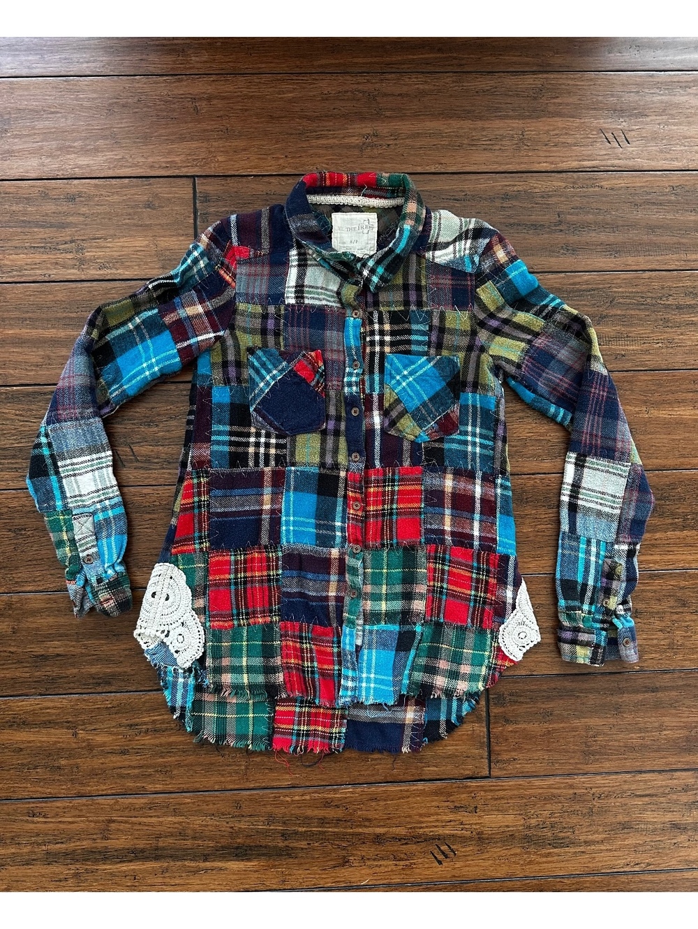 Free People Patchwork Flannel Shirt Boho Crotchet We The Free Raw Hem Size Small